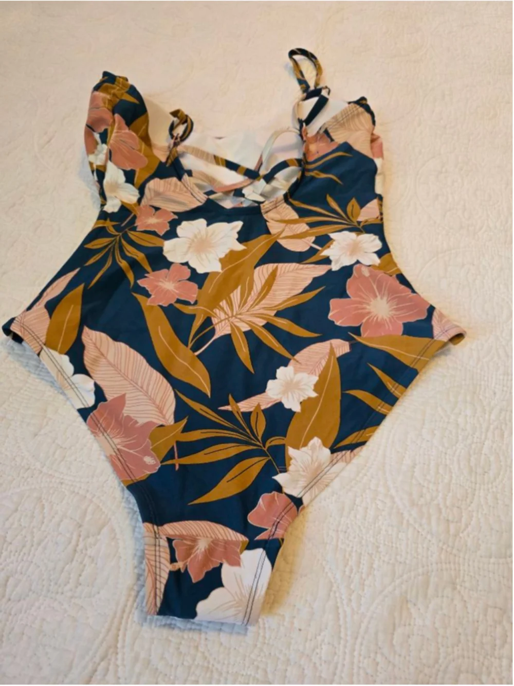 Women's Kona Sol One Piece Swimsuit M Blue Brown Floral Resort Wear Beach Vibes